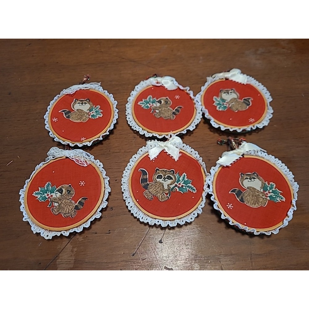 6 Handmade Raccoon Christmas Ornaments In Wooden Embroidery Hoops Lace Red